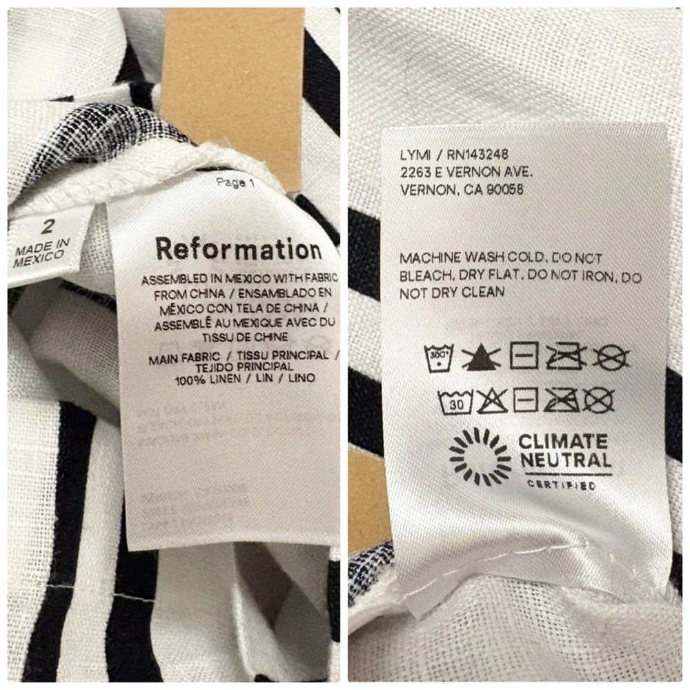 NWT Reformation‎ Poppy Linen High Rise Straight Leg Pant PJ Stripe Black & White